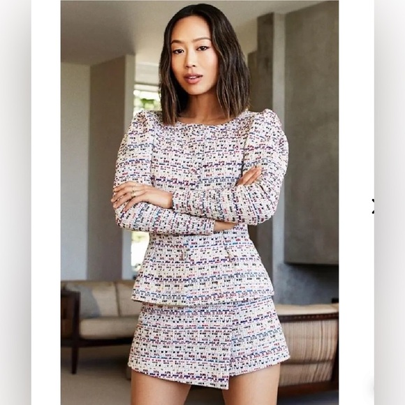 Song of Style Elma Rainbow Tweed Puff Sleeve Blazer Sz Small Preppy Plaid - Picture 3 of 6